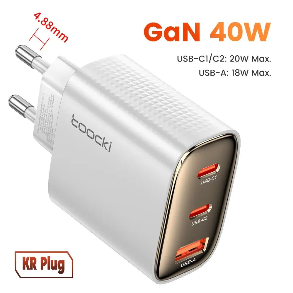 40W GaN 3-Port USB Fast Charger – Dual USB-C PD + USB-A QC4.0 Compact Travel Wall Charger