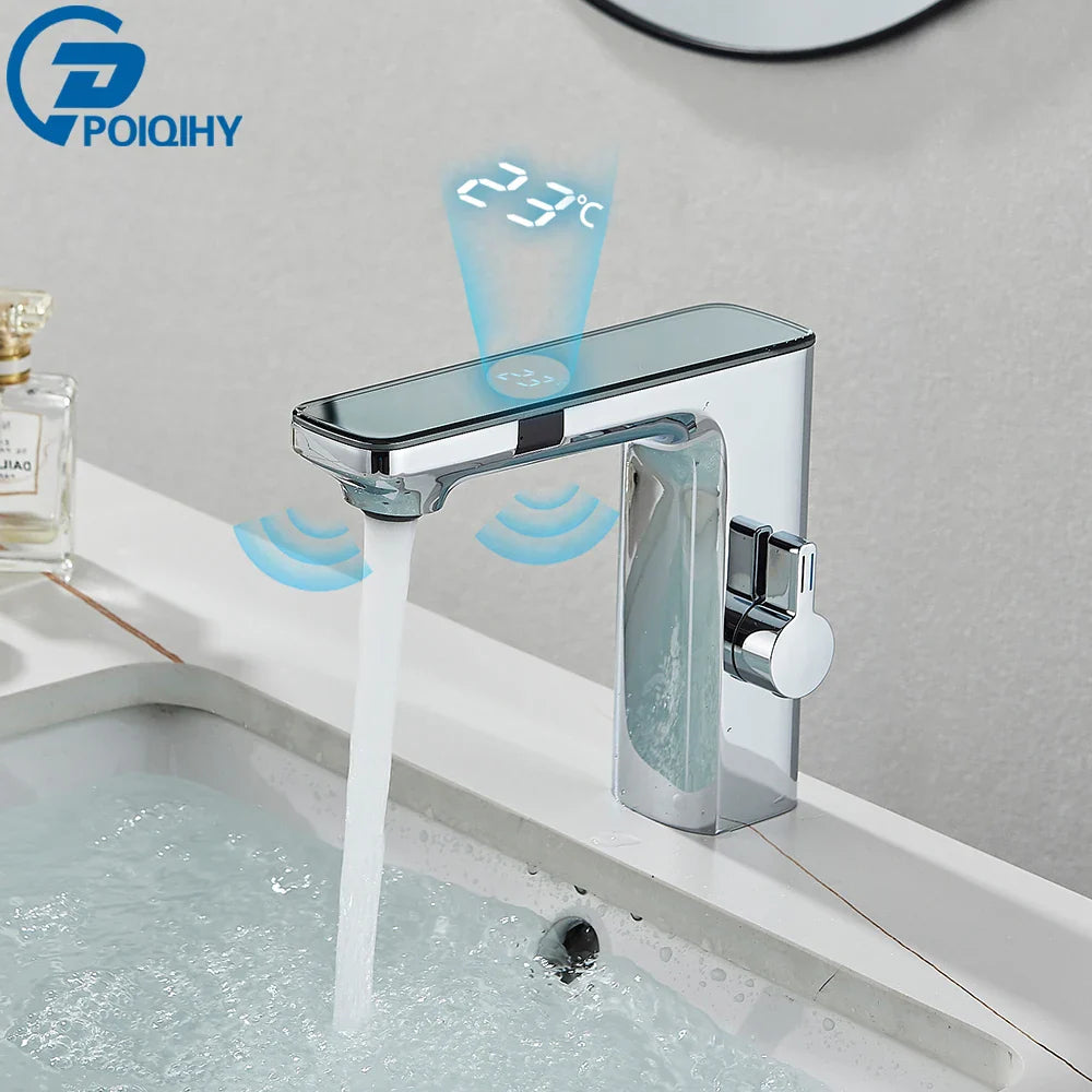 Touchless White Sensor Basin Faucet with Digital Temperature Display – Hot & Cold Mixer Tap for Bathroom Vanity