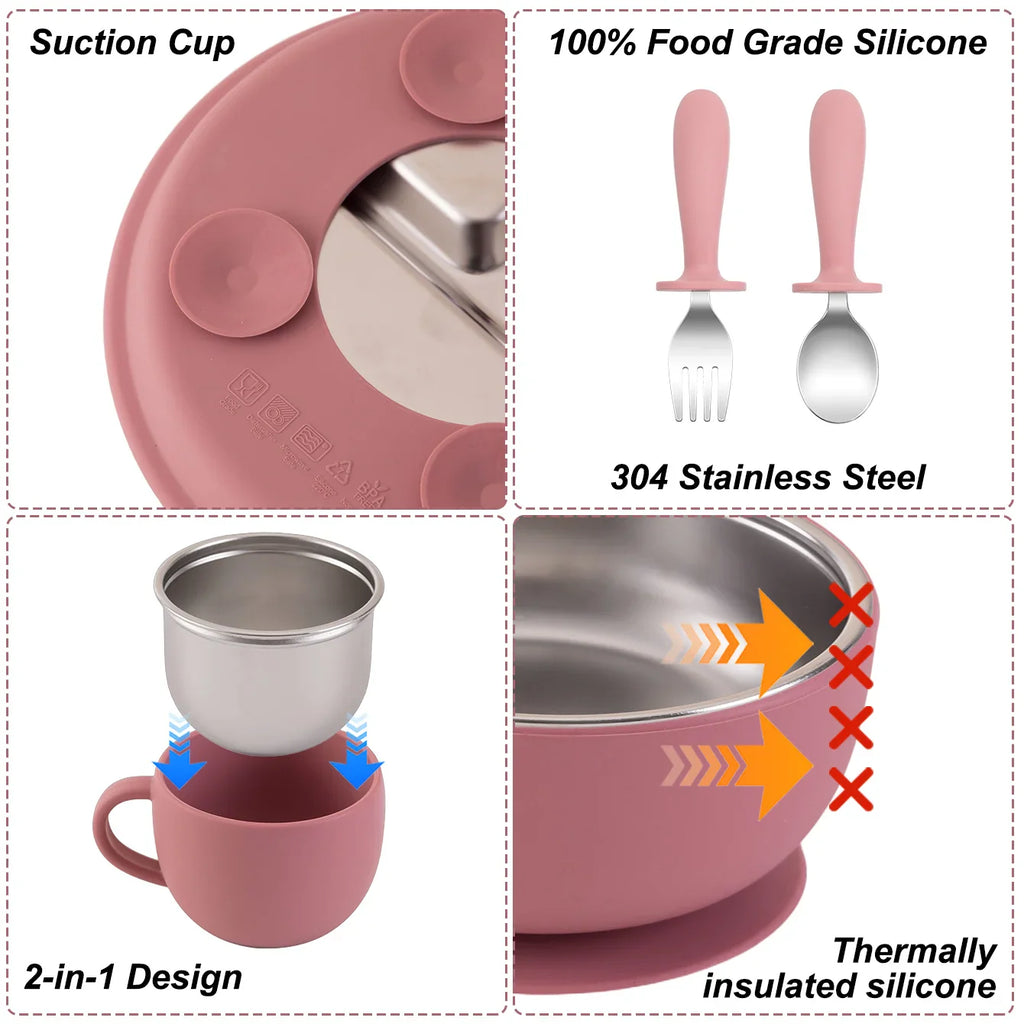 5-Piece Baby Feeding Set — Stainless Steel Plates & Utensils with Detachable Silicone Suction Bowl, BPA-Free Infant Fork Spoon Cup
