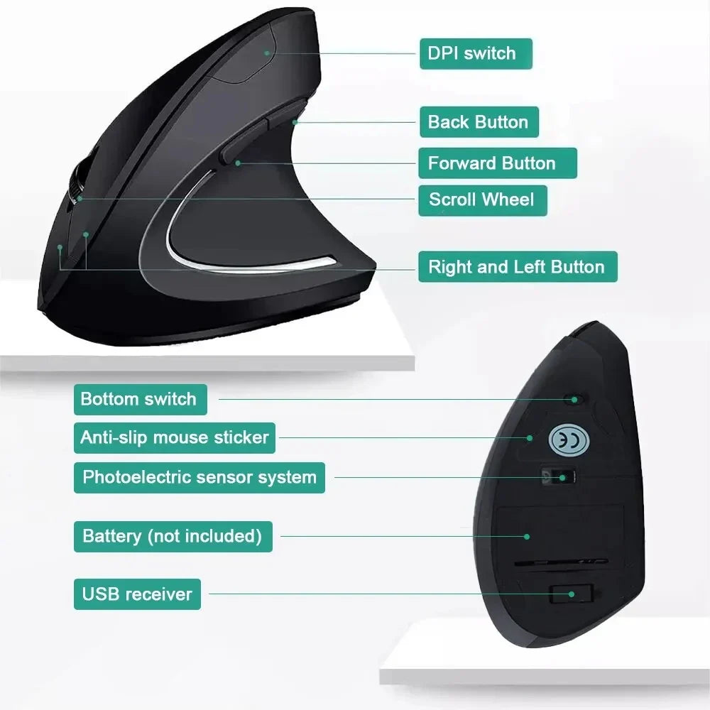 Vertical Ergonomic Wireless Mouse 2.4GHz Optical | 3 DPI 800/1200/1600, 6-Button USB Nano Receiver for Laptop & PC