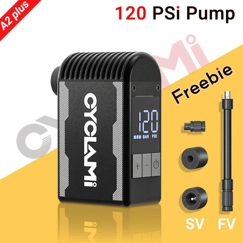 120 PSI (8.3 bar) Mini Cordless Electric Bike Pump – Portable Tire Inflator with Digital Display for Presta & Schrader Valves (FV/AV) – MTB Road Cycling