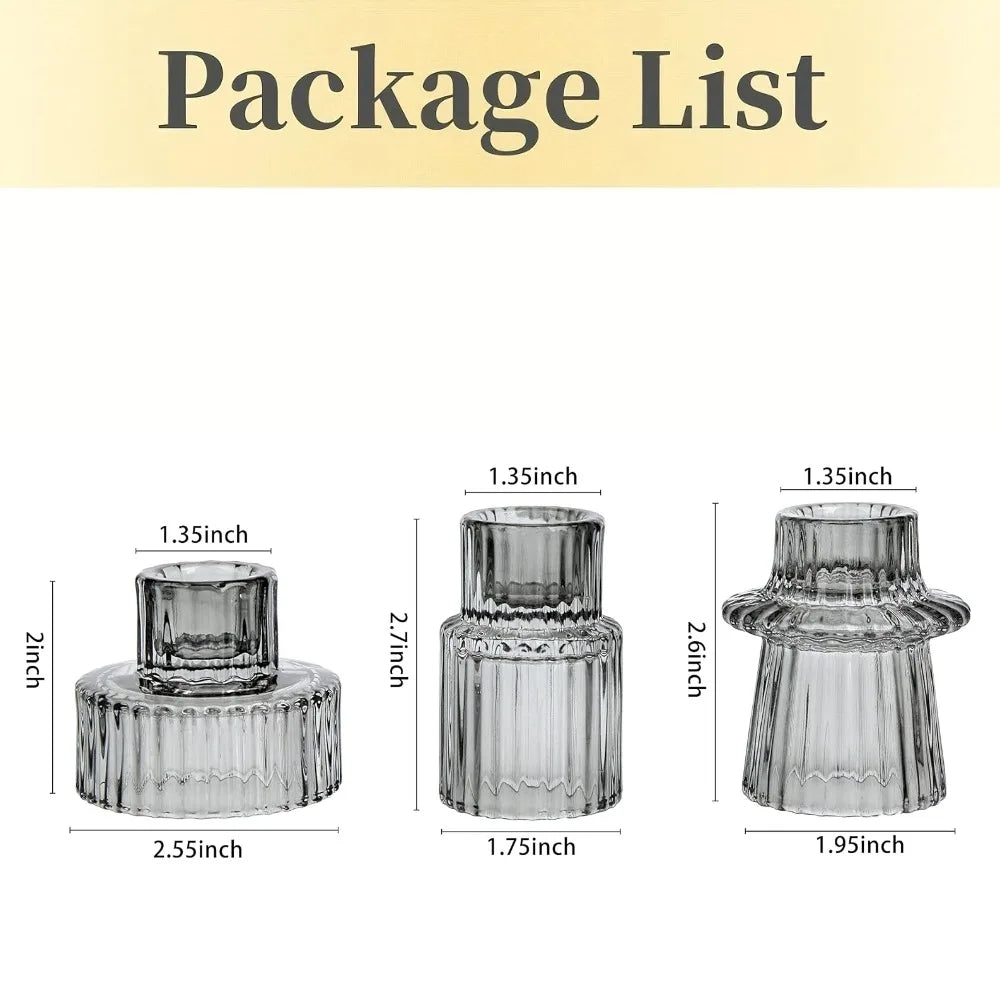3-Pack Ribbed Double-Ended Glass Candle Holders — Vintage Taper & Tealight Centerpiece Set for Weddings, Dinner Parties, Home Decor