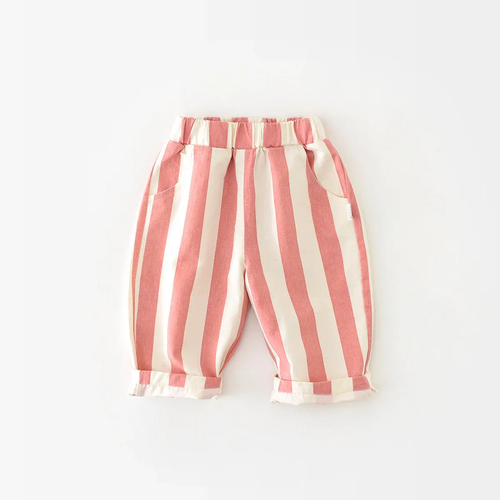 Unisex Toddler Striped Cotton Pants with Pockets – Elastic Waist Casual Kids Trousers