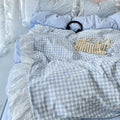Korean Princess Lattice Double-Layer Lace Duvet Cover Set — Soft Microfiber Plaid Quilt Cover with Flat Sheet & Pillowcases (Single/Full/Queen: 150×200–200×230 cm / 59×79–79×91 in)