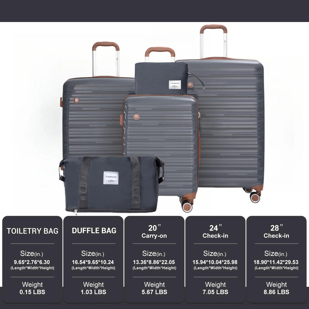5-Piece Travel Luggage Set – 3 Hardshell Suitcases with Double Spinner Wheels & TSA Lock, Waterproof Duffel & Toiletry Bag