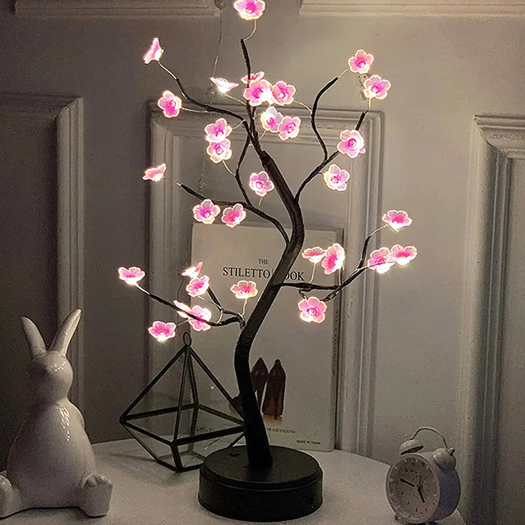 Cherry Blossom Bonsai LED Table Lamp 19.7in (50cm) USB or 3×AA Battery Powered Touch Sensor Night Light Tabletop Decorative Tree