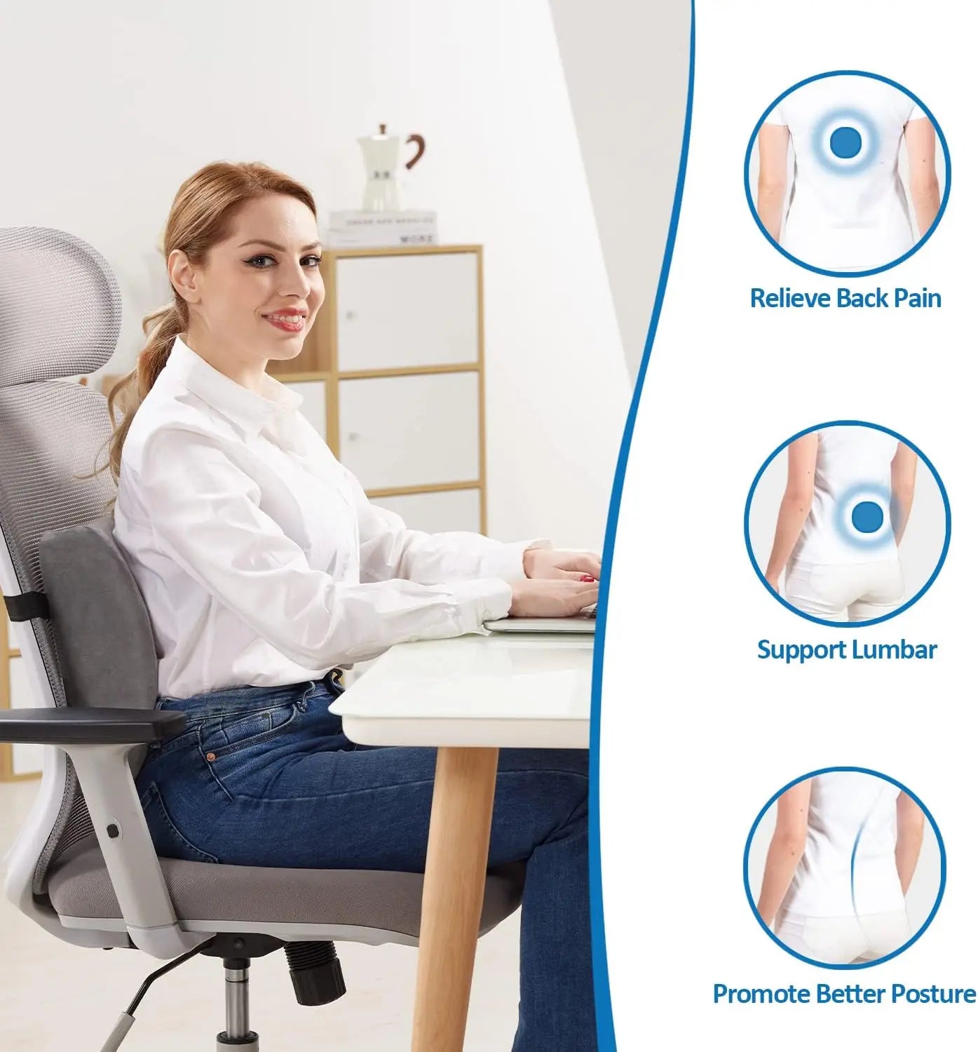 Memory Foam Lumbar Support Cushion for Office, Car & Student Chairs, Breathable Removable Cover (Blue)