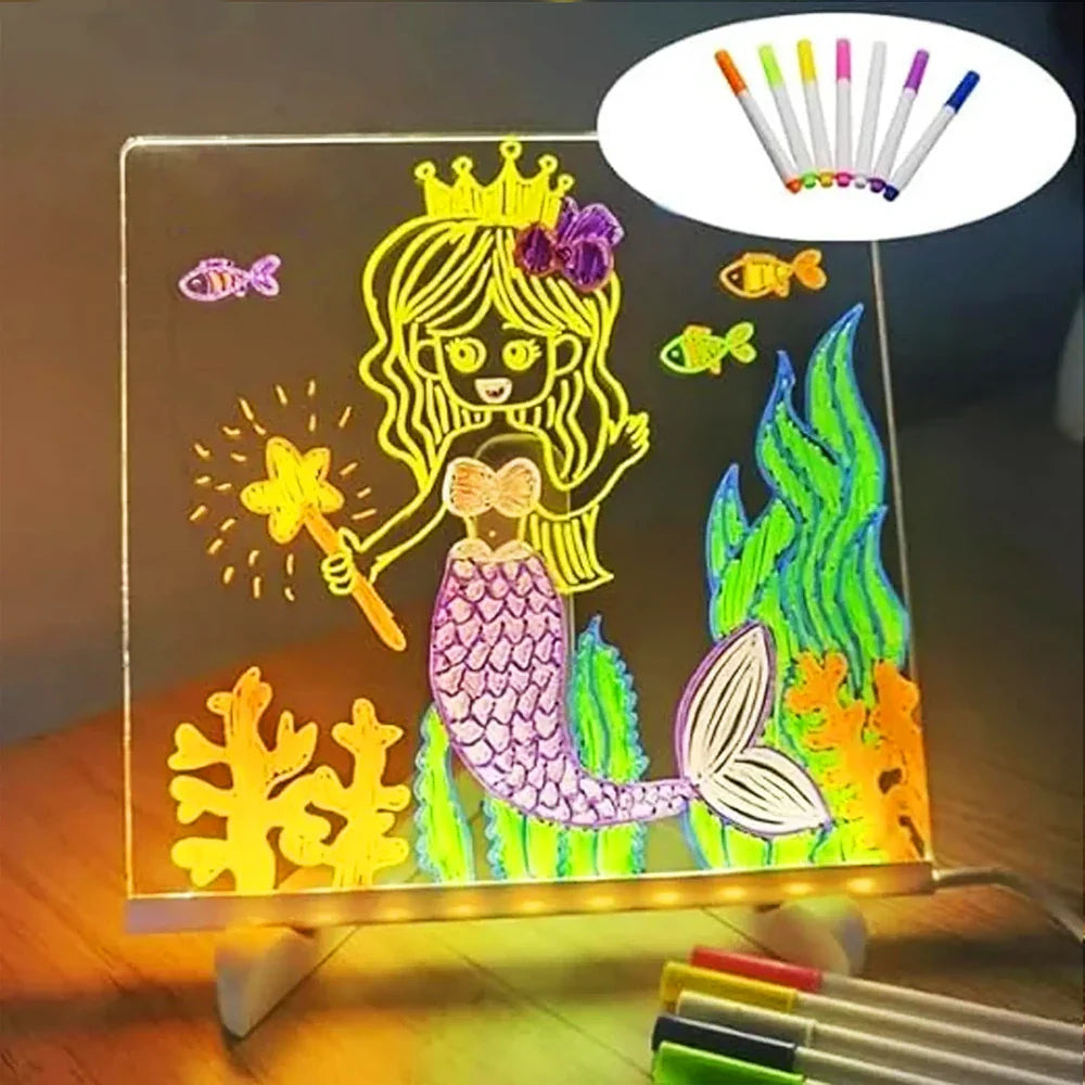 LED Acrylic Message Board with Night Light and 7 Color Pens – DIY Rewritable Kids Drawing & Birthday Gift