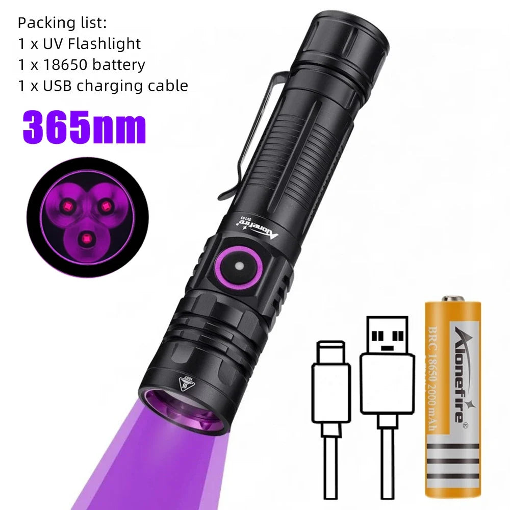 3-LED 365nm UV Blacklight Flashlight USB-C Rechargeable – Pet Stain & Scorpion Detector, UV Glue Curing Torch