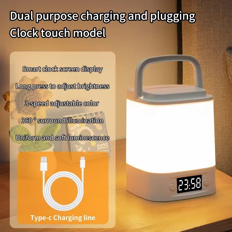 Rechargeable LED Night Light with Clock Display - USB Bedside Lamp, Touch & Remote, Adjustable Brightness & Color Temperature for Nursery & Reading