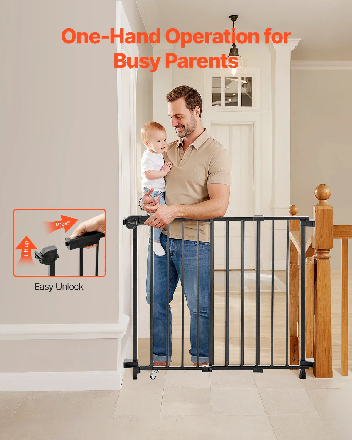 Adjustable Baby & Pet Gate 29.5–43 in (75–109 cm) Width, 28 in (71 cm) High Walk-Through No-Threshold Gate with One-Hand Double-Lock