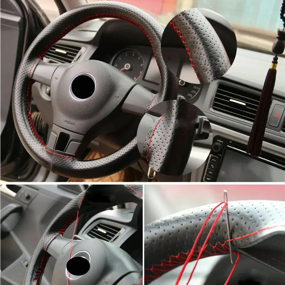 PU Leather Steering Wheel Cover with Needles & Thread - Anti-Slip Breathable DIY Stitch Kit, Fits 36–38 cm (14.2–15 in) | Multiple Colors
