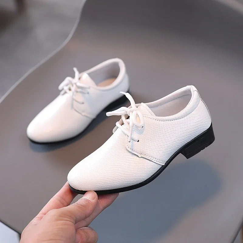 Boys Black and White PU Leather School Shoes – Lace-Up Formal Flats for Uniform, Performance and Casual Wear