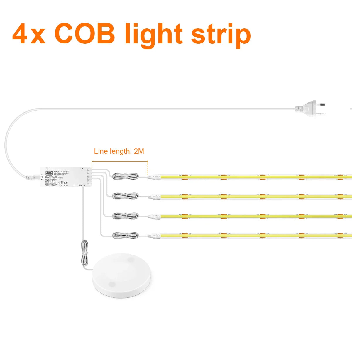 COB LED Strip Light with Penetrable Touch Dimmer – Waterproof 12V Cabinet & Closet Lighting, 1m/2m/3m/5m (39/79/118/197 in), 320 LEDs/m, Warm/Neutral/Cool