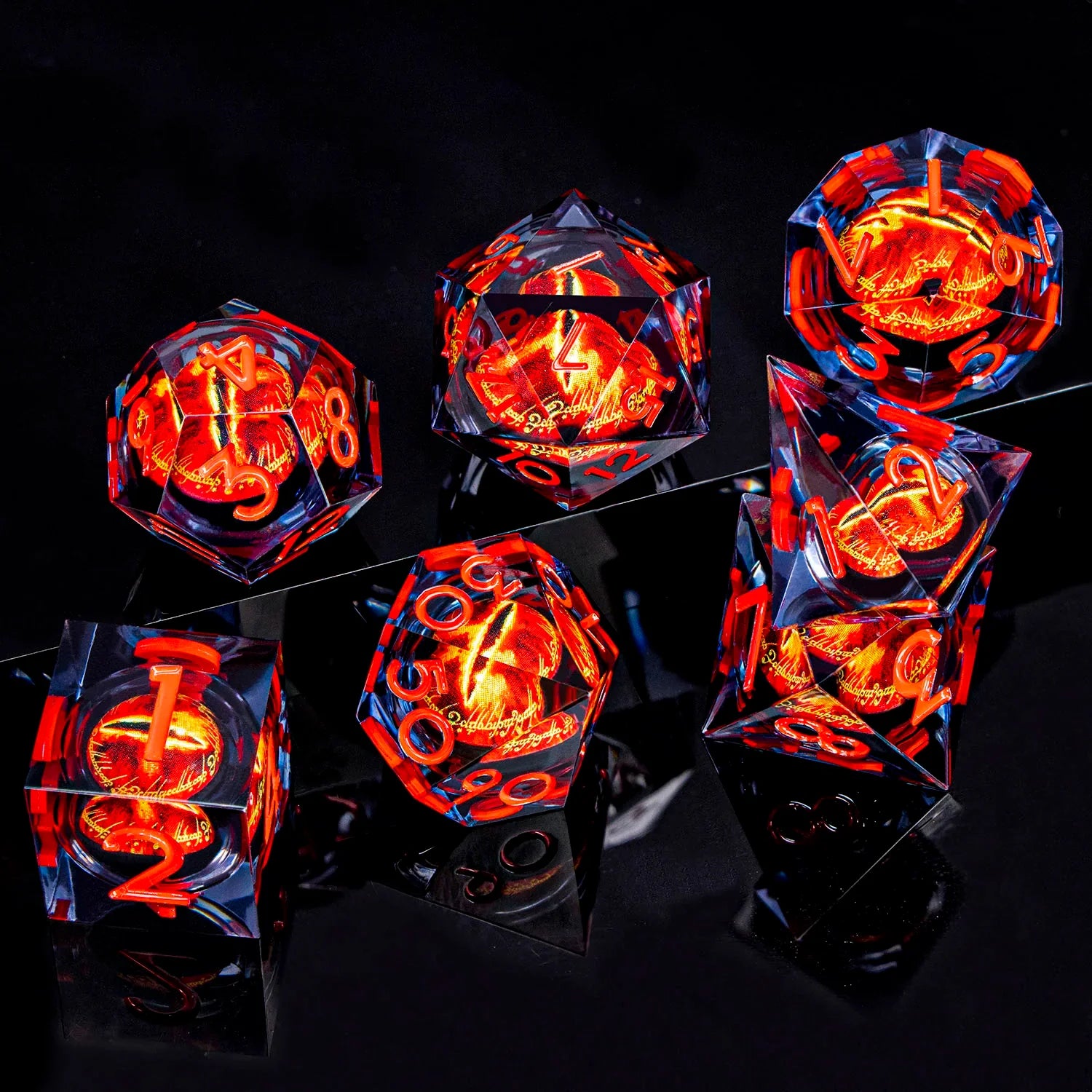 7-Piece Liquid Core Eye of Sauron Resin Dice Set Sharp-Edge D20 for D&D Tabletop RPG