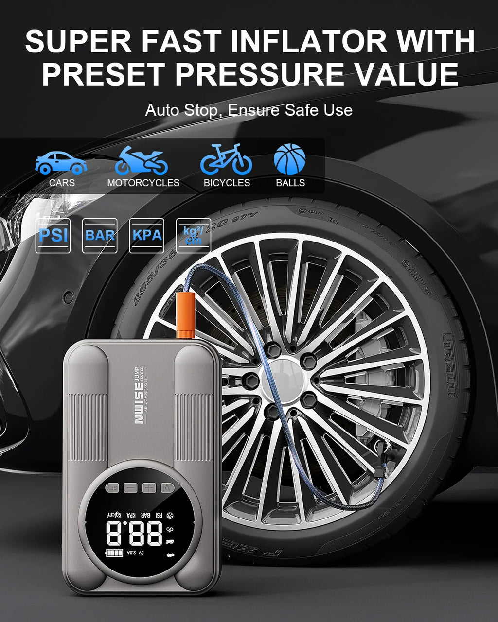 Car Jump Starter with Air Pump – 18,000–20,000mAh 12V Power Bank, 1200A+ Peak, 150 PSI (10.3 bar) Tire Inflator, USB & LED SOS Light