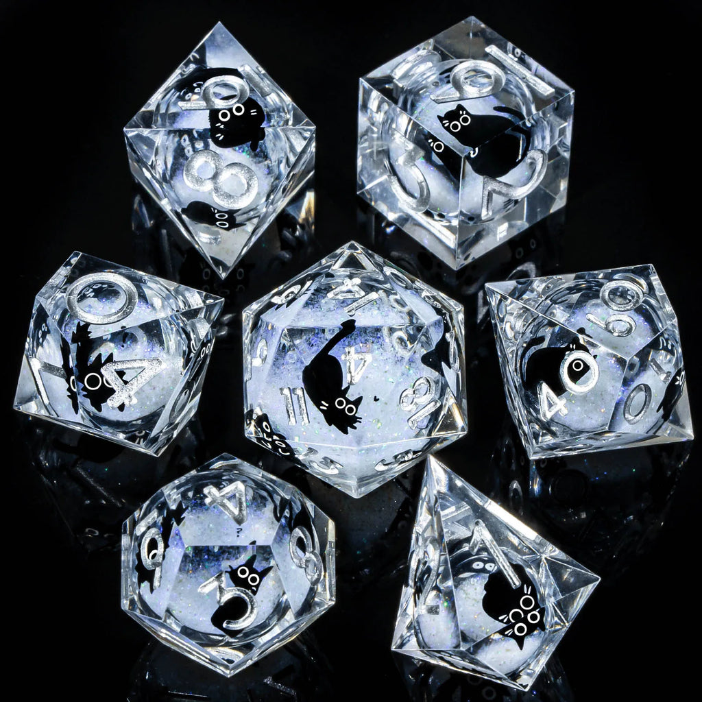 Liquid-Core Cat Resin 7-Piece RPG Dice Set — Sharp-Edge Polyhedral D20 D12 D10 D8 D6 D4 for Dungeons & Dragons & Tabletop