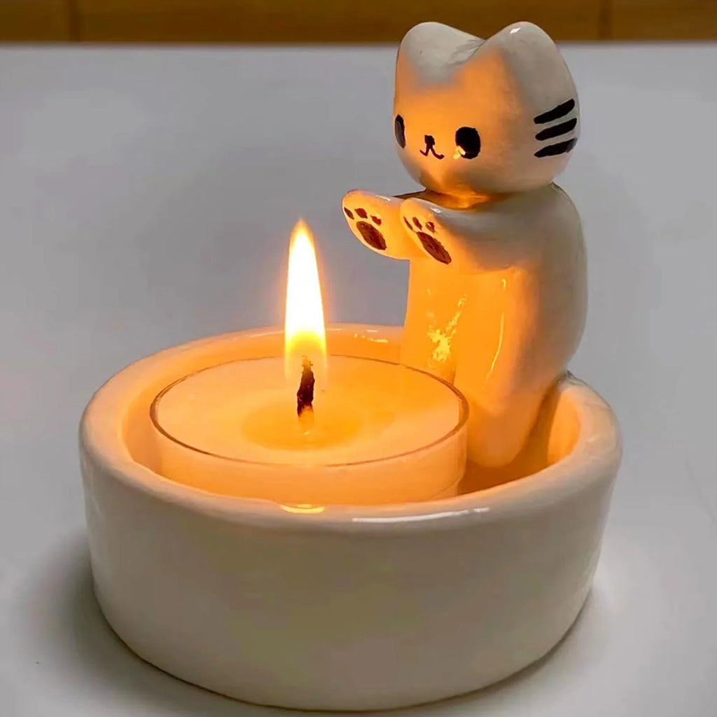 Cute Cat Tea Light Candle Holder – Polyresin Cat Paw Desk Candle Stand for Home & Office Decor (6 cm / 2.4 in)
