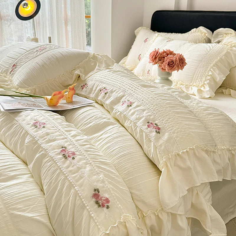 Princess Lace Ruffle Washed Cotton Duvet Cover Set - Seersucker Soft Bedding, 3/4-Piece (Single, Queen, King)