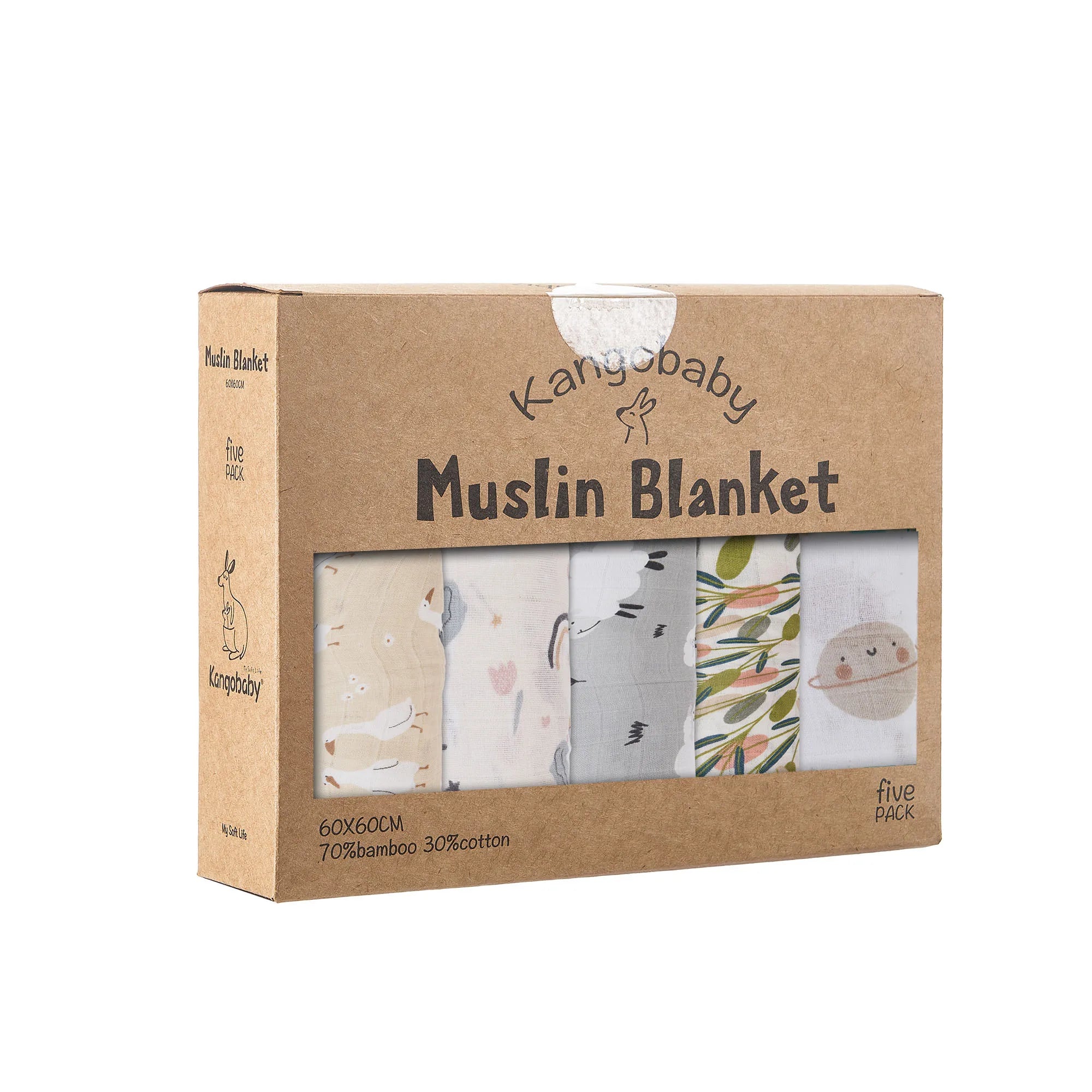 5-Pack Bamboo Cotton Muslin Baby Blankets & Burp Cloths 60 x 60 cm (23.6 x 23.6 in) Soft Breathable Multi-Functional