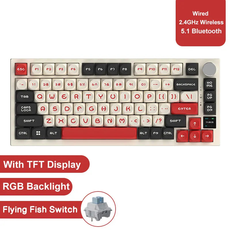 75% 82‑Key Hot‑Swappable Mechanical Gaming Keyboard — Tri‑Mode Wired/2.4GHz/Bluetooth, RGB, TFT Screen, Metal Volume Knob, USB Type‑C