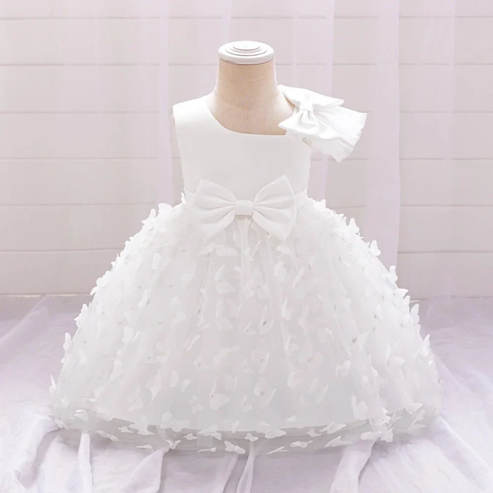 Butterfly Baby Girls White Baptism Party Dress Infant Bow Dresses
