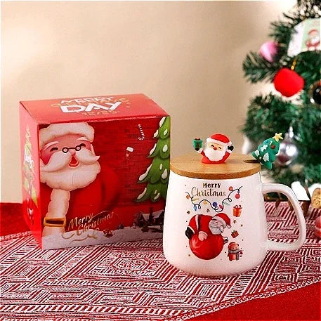 Christmas Tree Ceramic Mug with Lid and Spoon, Holiday Coffee & Tea Gift