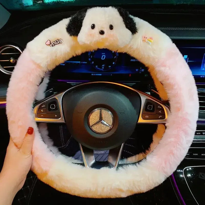 Kawaii Cute Dog Cartoon Steering Wheel Cover 15 in (38 cm) Plush Anti-Slip Warm Car Interior Accessory