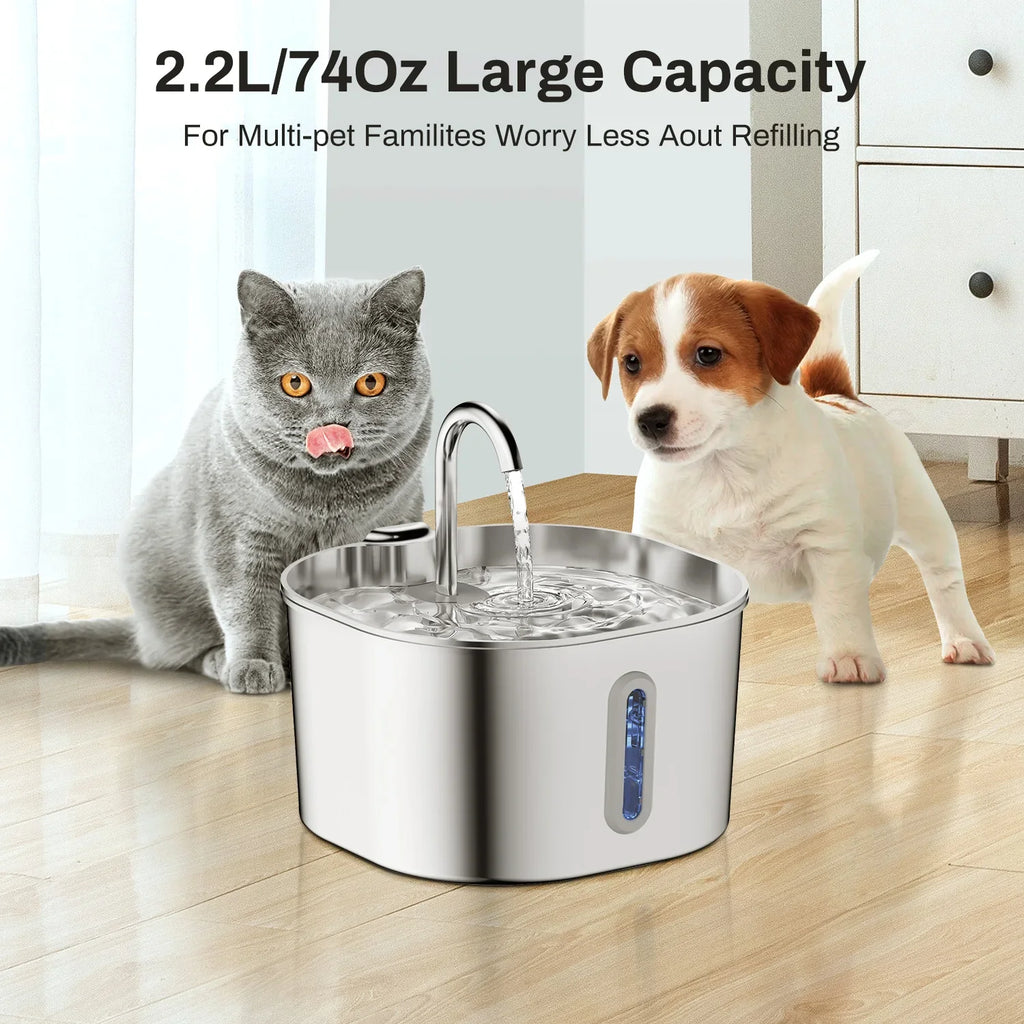 2.2L (74 fl oz) Automatic Stainless Steel Square Pet Water Fountain with Window, Cat Dog Rabbit Feeder