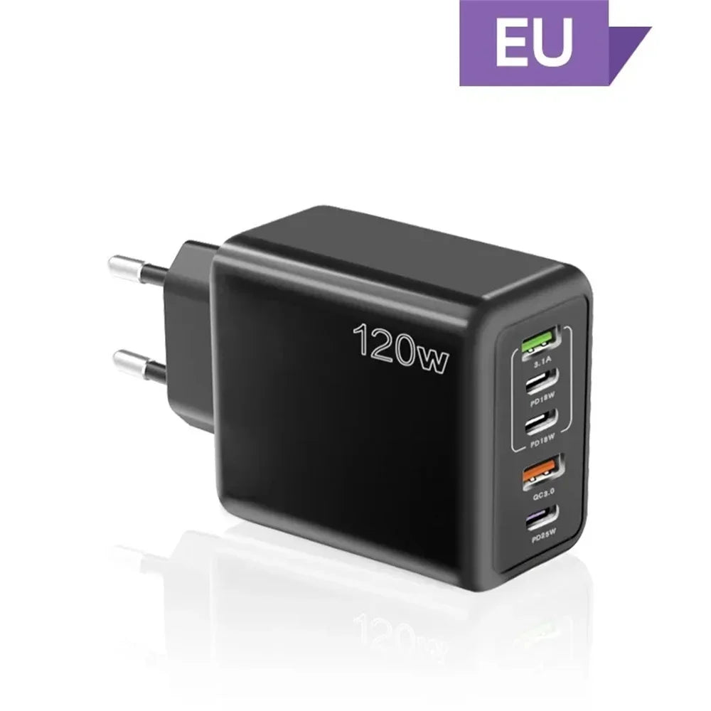 5-Port 120W USB-C PD Fast Wall Charger (3×USB-C + 2×USB-A) — Multi-Device Fast Charging for Smartphones & Tablets