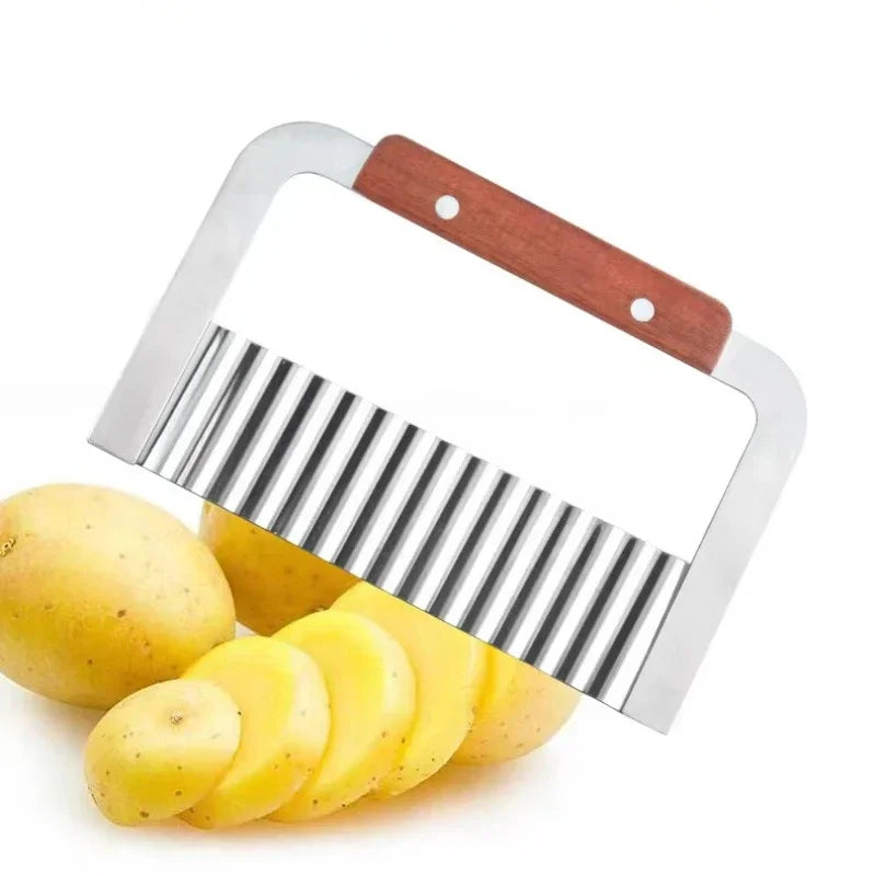 Stainless Steel Crinkle Potato Cutter with Wooden Handle – Wavy Knife for Chips & Vegetables