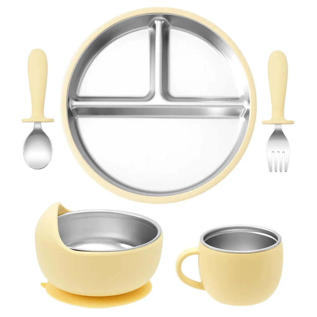 5-Piece Baby Feeding Set — Stainless Steel Plates & Utensils with Detachable Silicone Suction Bowl, BPA-Free Infant Fork Spoon Cup