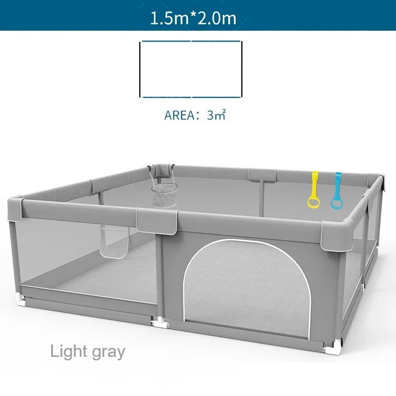 Light Gray Baby Playpen with Pull Ring - Play Yard & Ball Pit Safety Fence for Toddlers