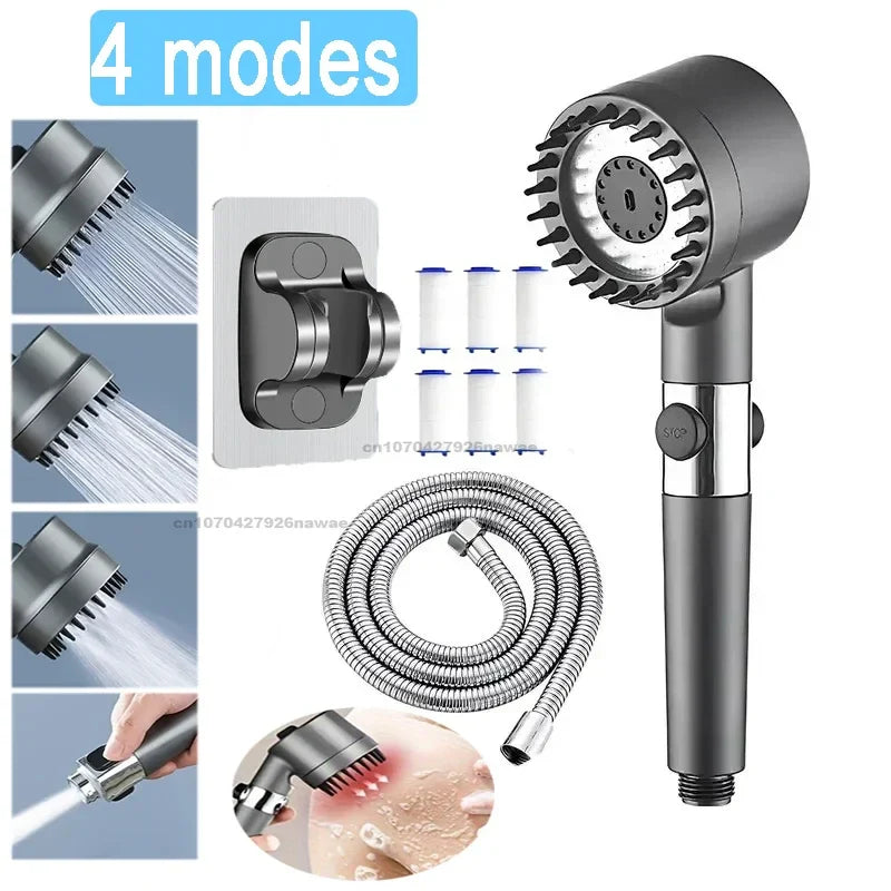 High Pressure Filtered Handheld Shower Head with One-Touch Stop and Massage - Water-Saving Shower Accessory