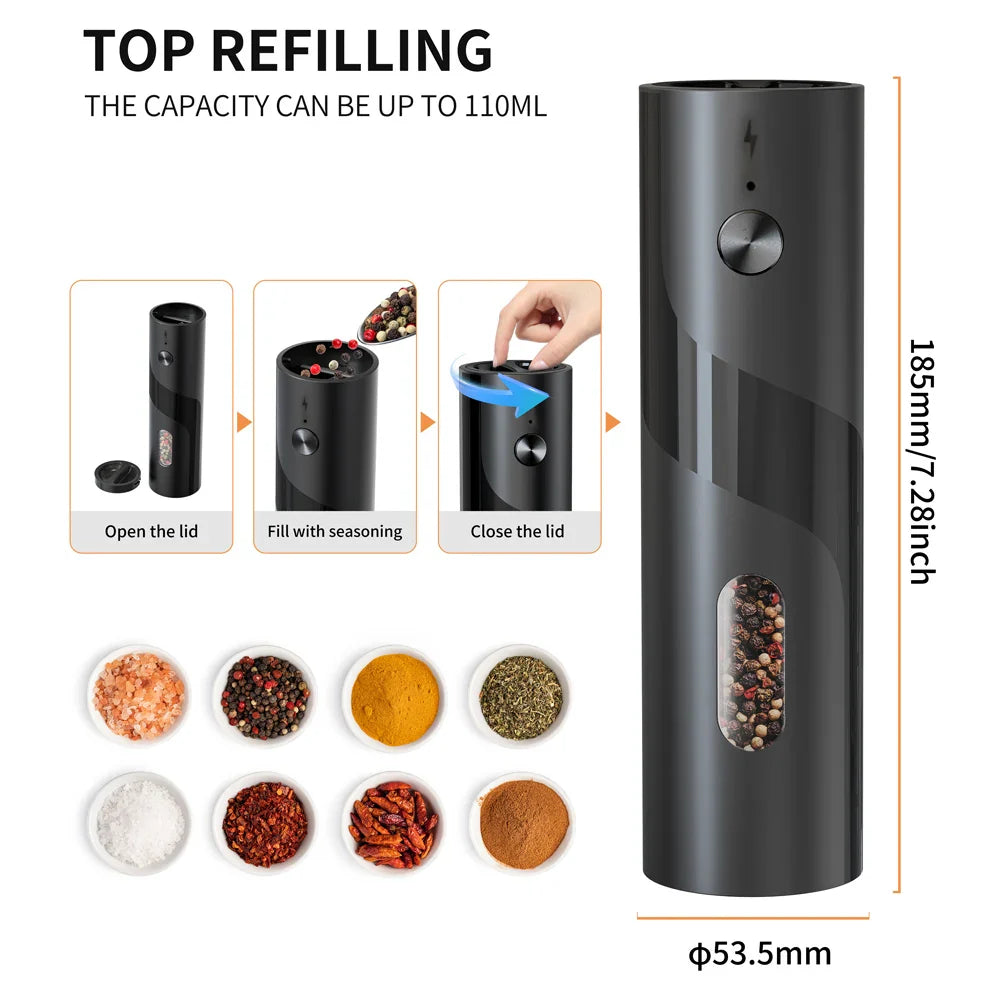 2-Pack USB Rechargeable Electric Salt and Pepper Grinder Set, Adjustable Coarseness, LED Light, Ceramic Core Top-Fill Spice Mills for Kitchen