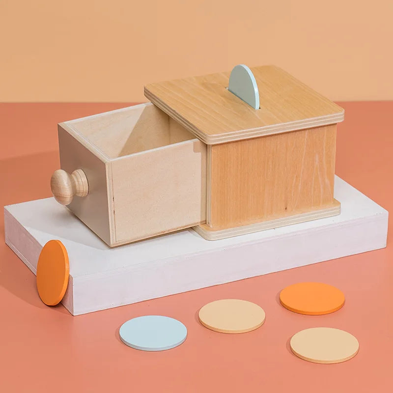 Montessori Wooden Coin Box Drawer Toy - Early Learning Shape Sorting & Counting Game for Babies and Toddlers