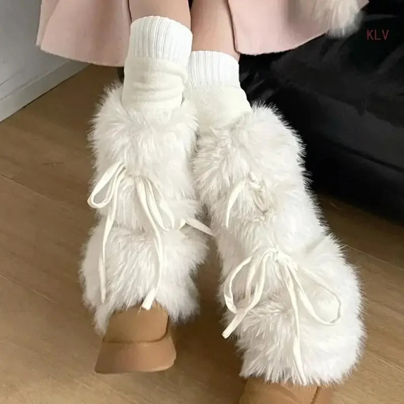 JK Harajuku Furry Plush Boot Cuffs Leg Warmers with Ribbon Bow – White Winter Boot Covers