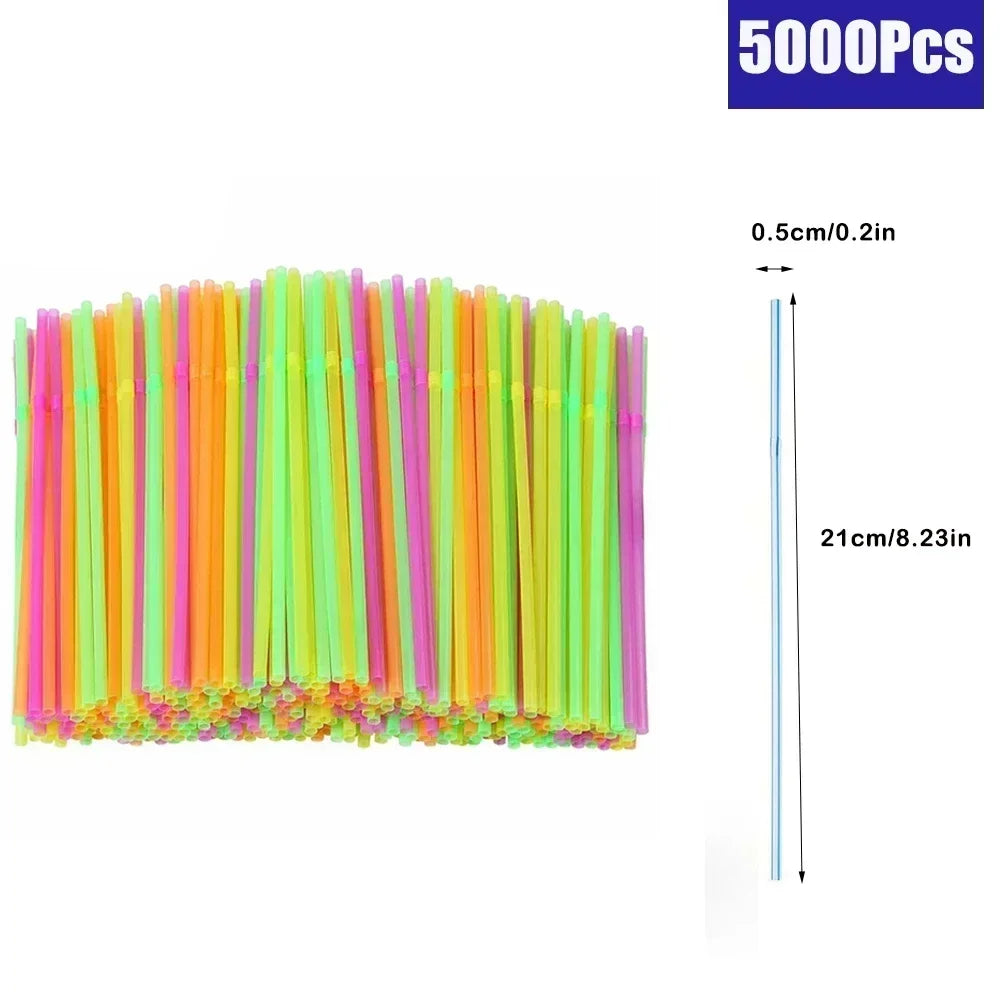 Multicolor Flexible Plastic Drinking Straws — Reusable Cocktail & Boba Straws 8.3 in (21 cm) x 0.2 in (5 mm) — Packs 50–6000 for Parties & Weddings