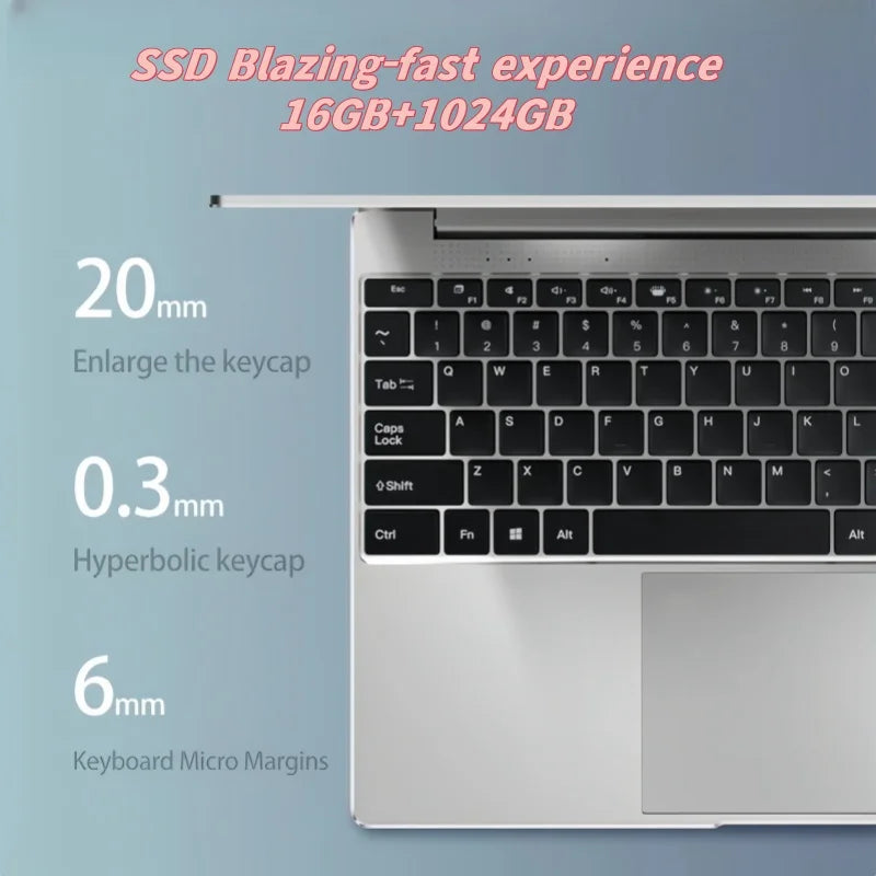 14.1-inch (350 mm) Ultra Slim Laptop — Intel Pentium N3700, 16GB RAM, 2TB M.2 SSD, FHD 1920x1080 IPS, Windows 11 Pro