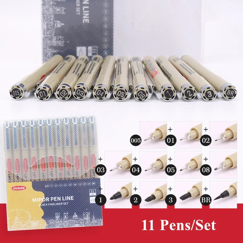Manga Fineliner Pens - Waterproof Black Pigment Liner Set, Needle & Brush Tip for Sketching, Illustration & Inking (Set of 3–12)
