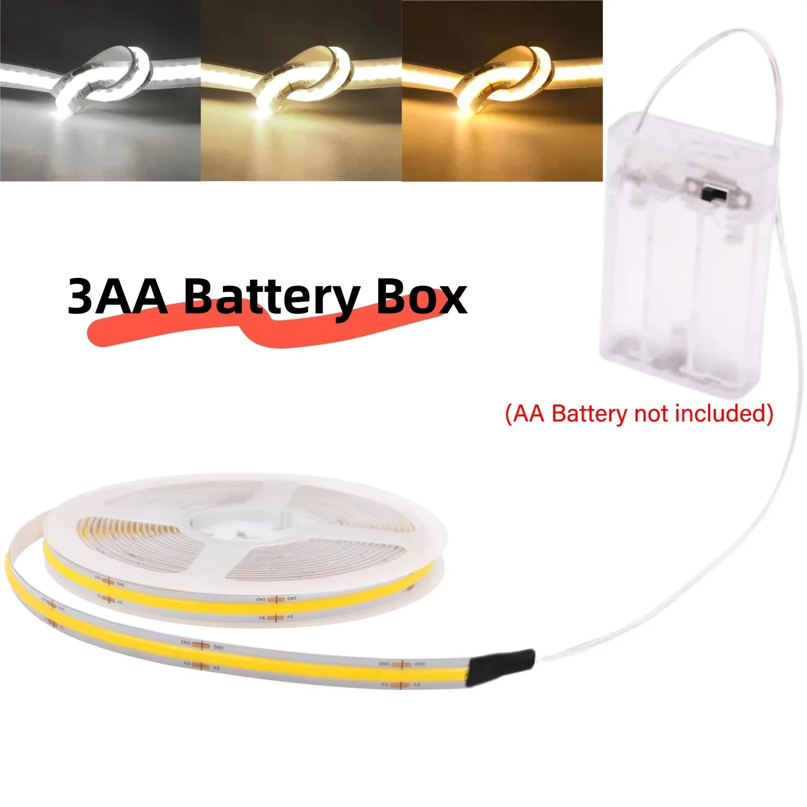 5V COB LED Strip Light with 3xAA Battery Box, 8mm 320 LEDs/m, 0.5–5m, Warm/Natural/Cool White, Adhesive Backing