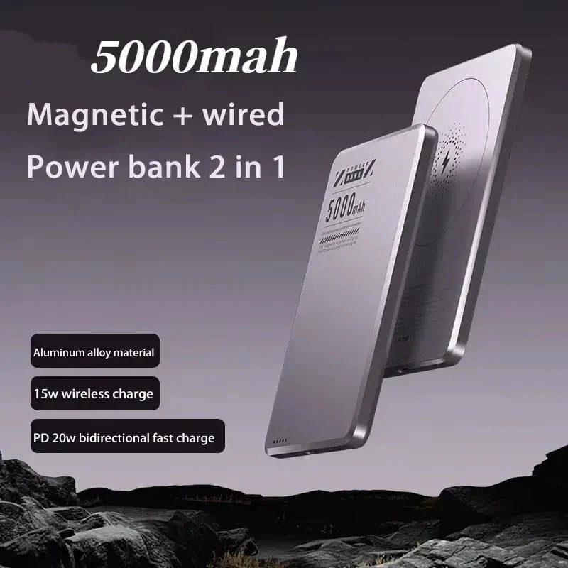 5000mAh Ultra-Slim Magnetic Wireless Power Bank Fast Charge Qi2 Clip-On Portable Battery with Built-In Cables and LED Display
