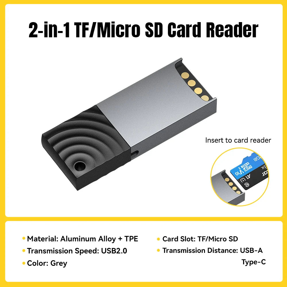 2-in-1 Mini USB-C & USB 2.0 Micro SD/TF Memory Card Reader Adapter, Portable Plug-and-Play for iPhone, Huawei, MacBook, iPad