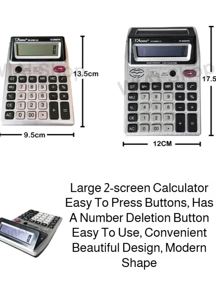 Double-Sided 12-Digit LCD Calculator with Anti-Slip Base & Money Detector Light for Office Accounting