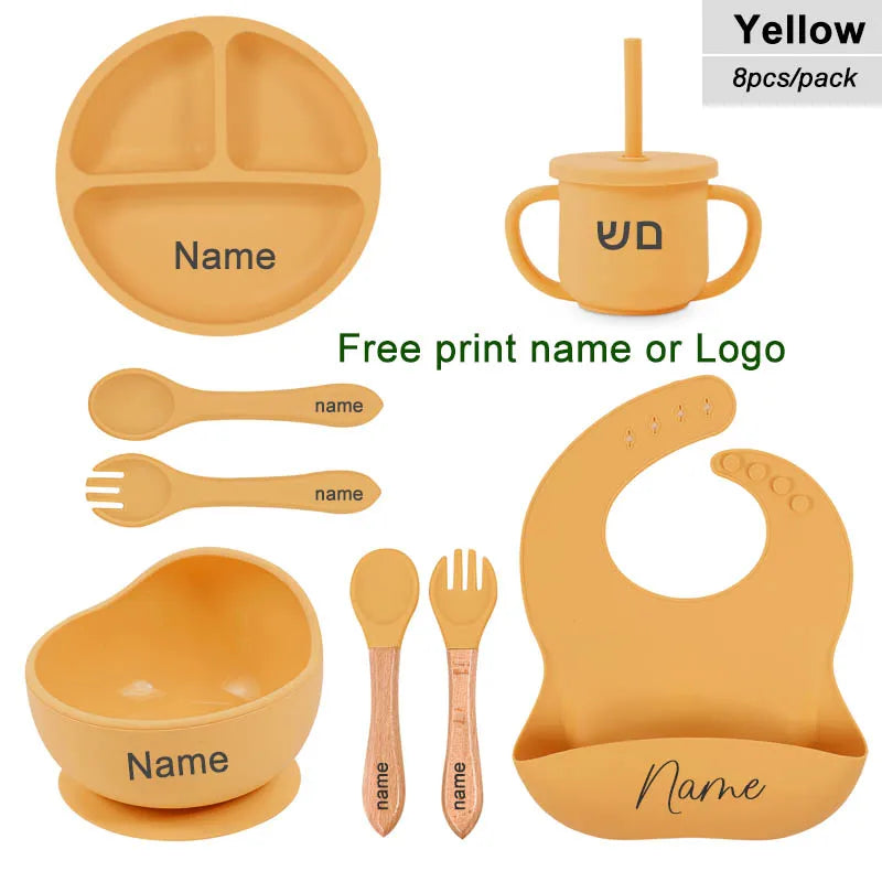 8-Piece Silicone Baby Feeding Set with Suction Plate, Bowl & Straw Cup — Personalized Kids Tableware, BPA-Free