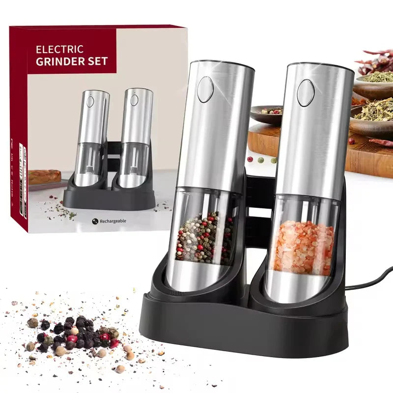 2-Pack Electric Salt & Pepper Grinders 190ml (6.4 fl oz) USB Rechargeable Adjustable Ceramic Spice Mills