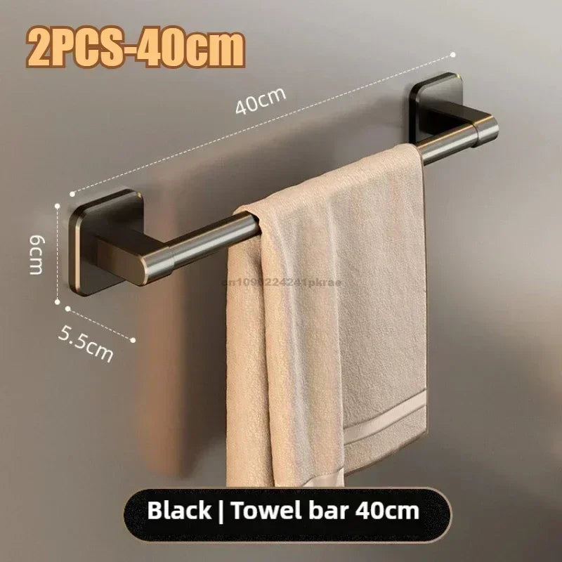 Self-Adhesive No-Drill Bathroom Wall Towel Rack 20-24 in (50-60 cm) Aluminum Single Bar with Hooks