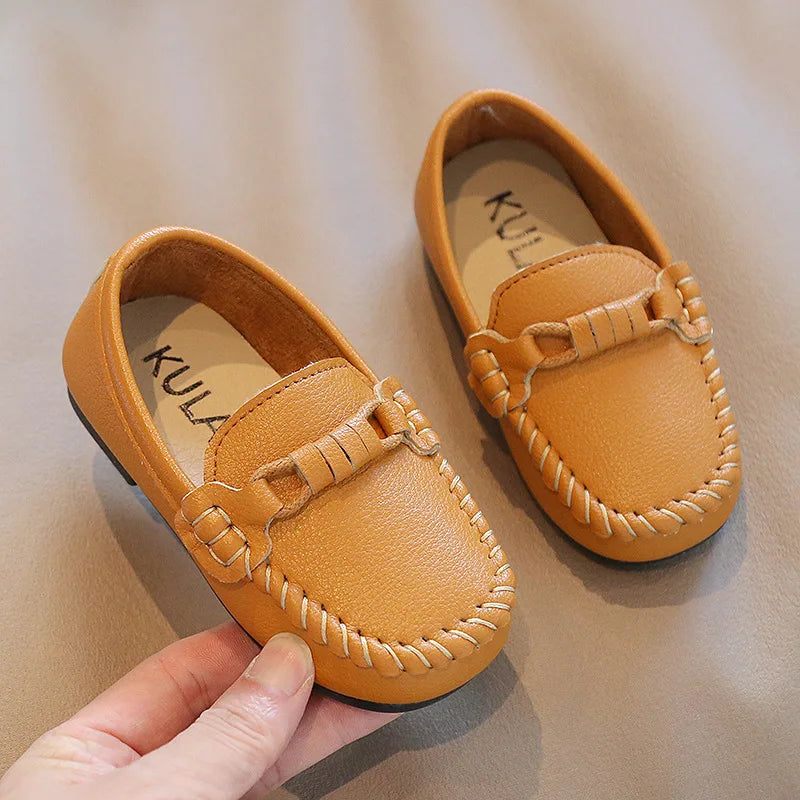 Kids Black & White PU Leather Slip-On Loafers — Formal School Party Moccasins (EU 21-30)