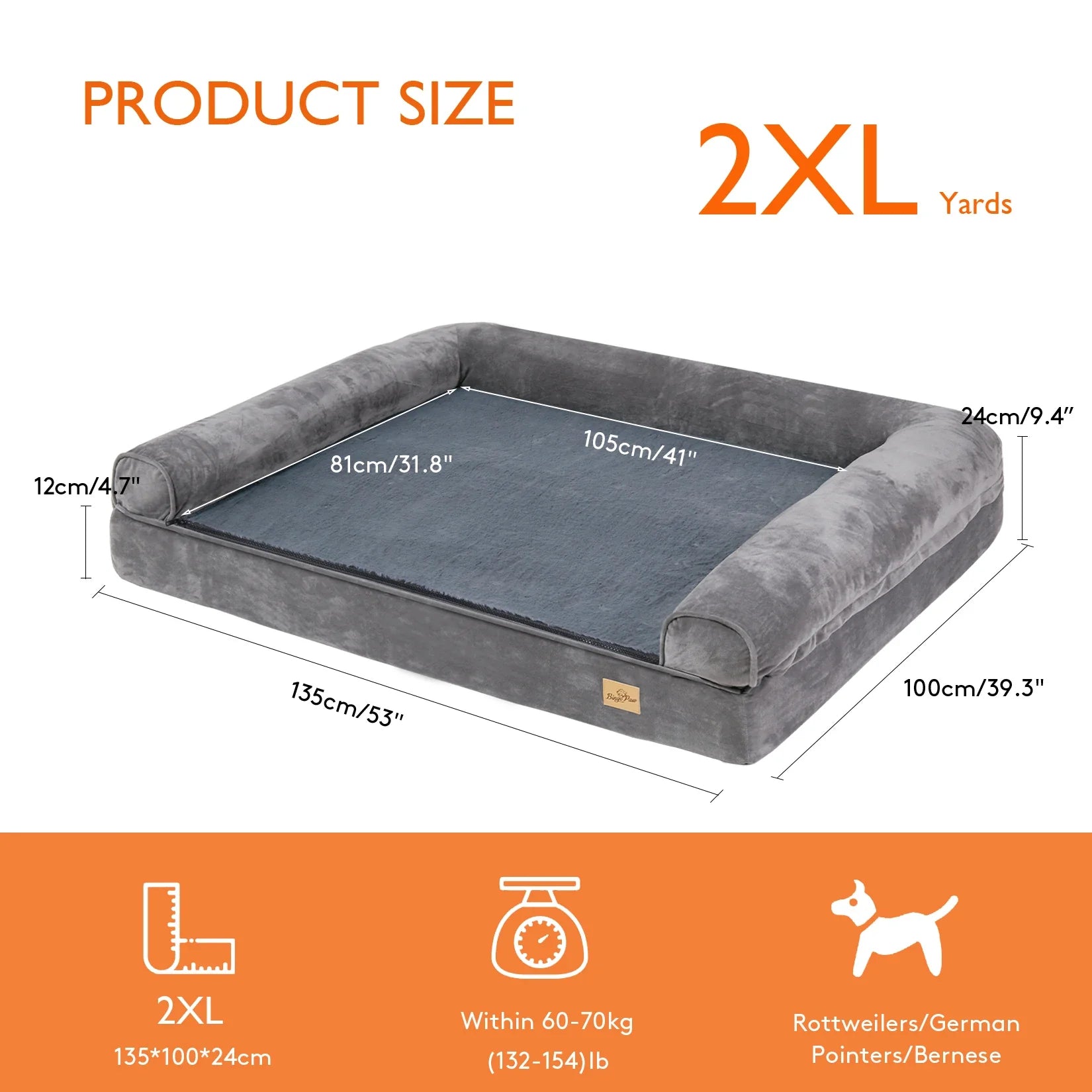 Orthopedic Dog Bed – Foam Pet Mattress Sofa with Bolster, Removable Washable Cover, Waterproof Liner (Sizes M-L-XL-2XL)