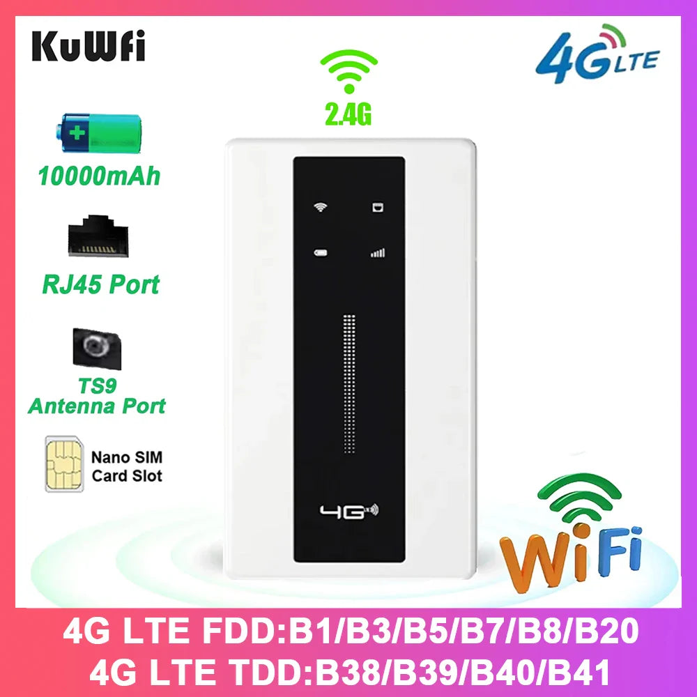 10000mAh 4G LTE Portable Router 150Mbps 2.4GHz Wi-Fi Hotspot CAT4 with Ethernet Port, WPS & Type-C Charging